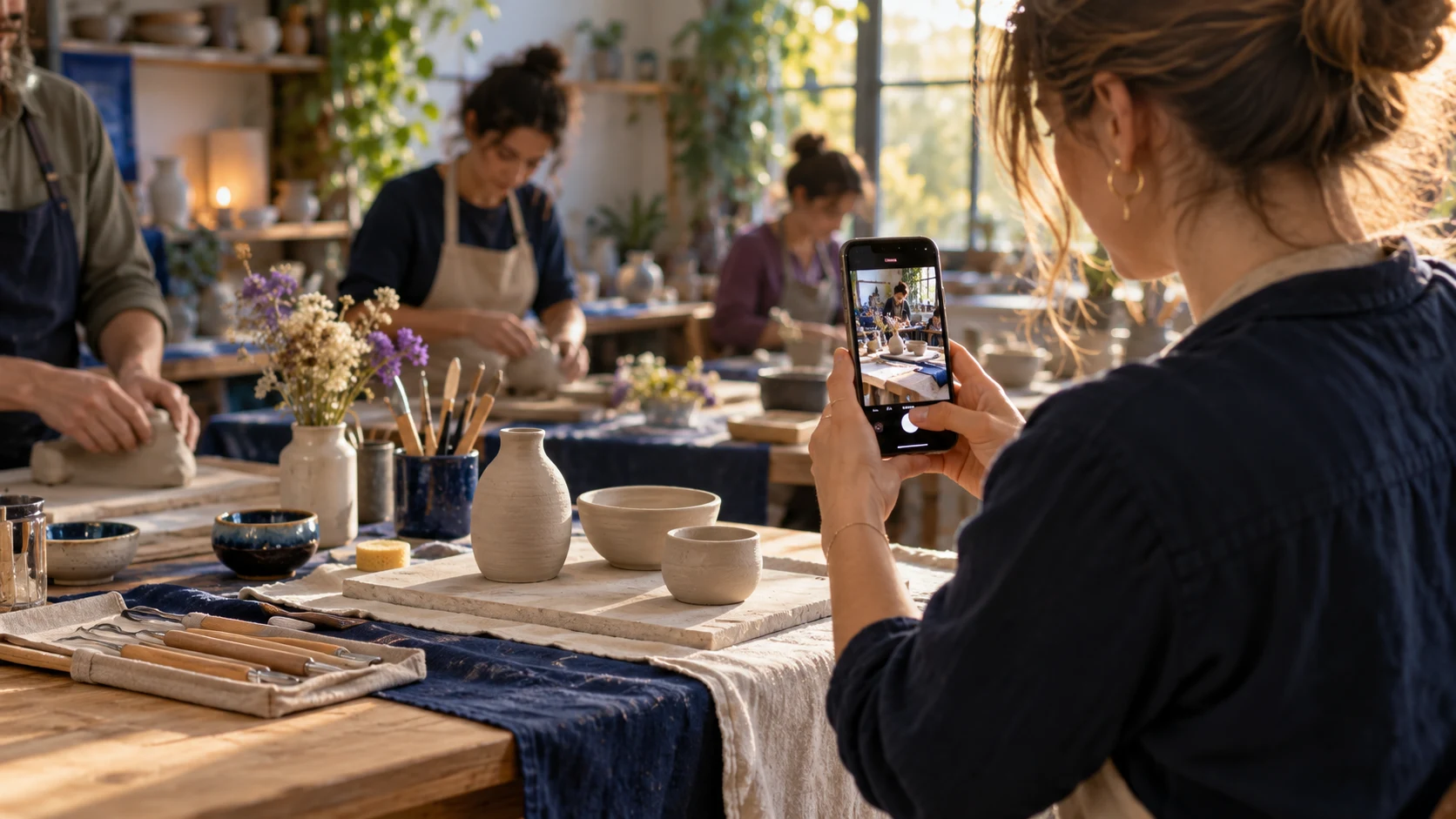 Illustration generated by IA: an organizer filmes the preparation of a ceramic workshop
